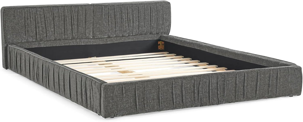Ball & Cast Queen Size Low Bed Frame,Chenille Upholstered Platform Bed with Pleated Design Headboard,Grounded Floor Bed with Wood Slat Support,No Box Spring Needed,Grey