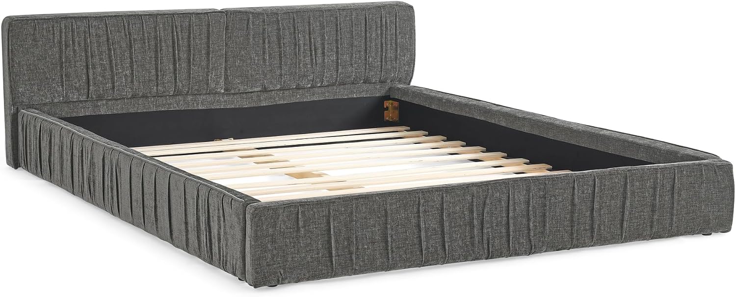 Ball & Cast Queen Size Low Bed Frame,Chenille Upholstered Platform Bed with Pleated Design Headboard,Grounded Floor Bed with Wood Slat Support,No Box Spring Needed,Grey
