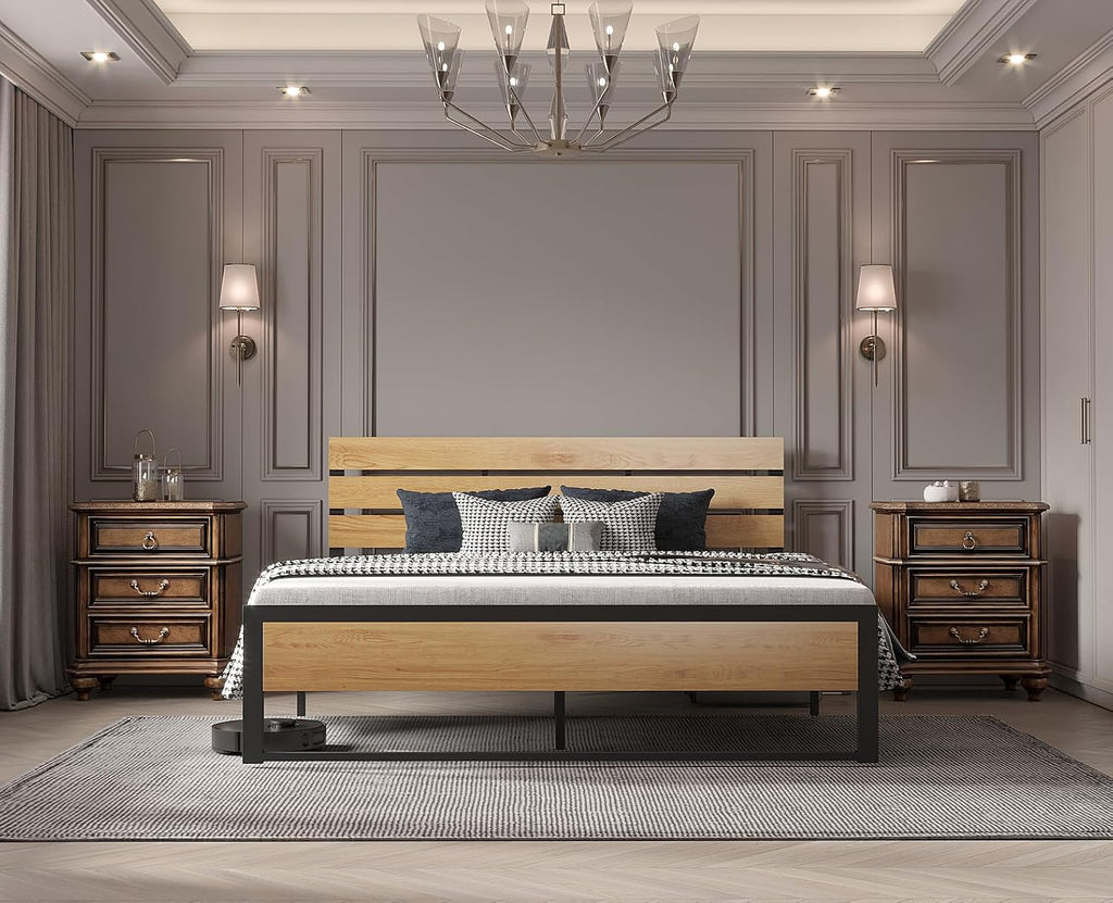 BONSOIR Queen Size Bed Frame Steady Steel Platform with Wood Headboard/Footboard,No Box Spring Needed, Easy Assembly, Squeaking Free (Queen Size)