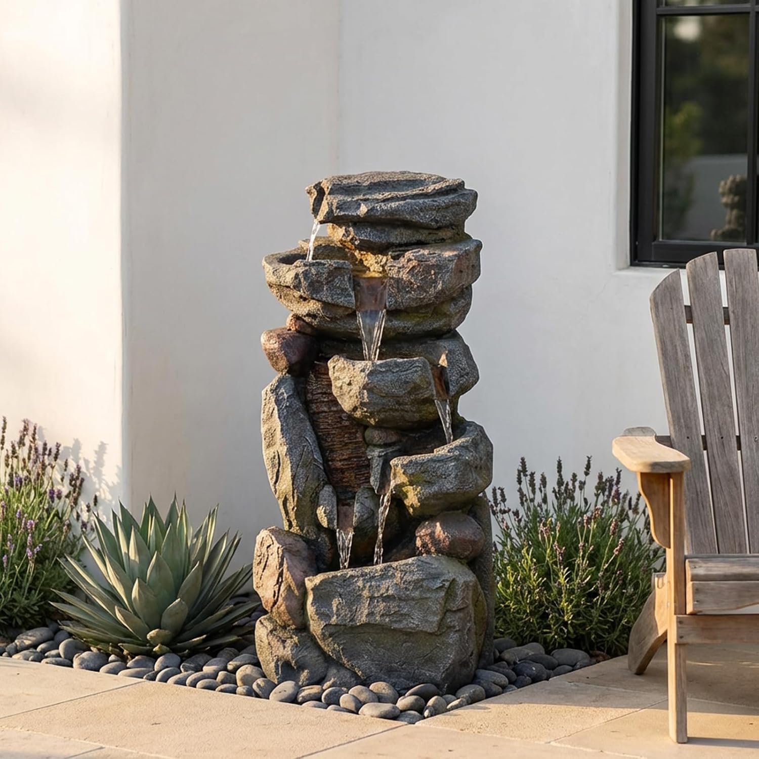 Bumilgar Water Features Outdoor Patio 6-Tier Cascading Rock Water Fountain 31.5''Water Fall Fountain Outside Resin Fountain with Light Mossy Rock Floor Garden Fountain Indoor for Relaxation Home Decor