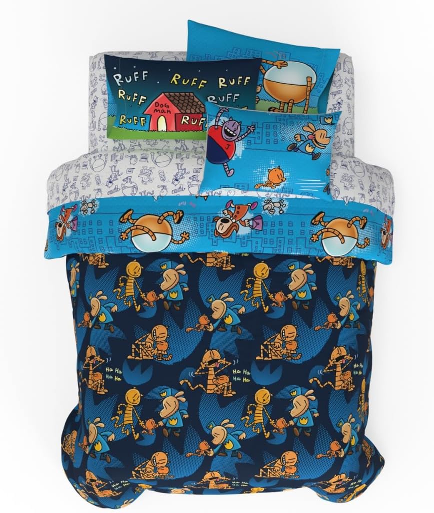 Dog Man Supa Buddies Book Kids Bedding Set, Queen Size 7 Piece Set Super Soft Cozy Reversible Comforter and Sheet Set with Sham, (Officially Licensed Product) by Franco