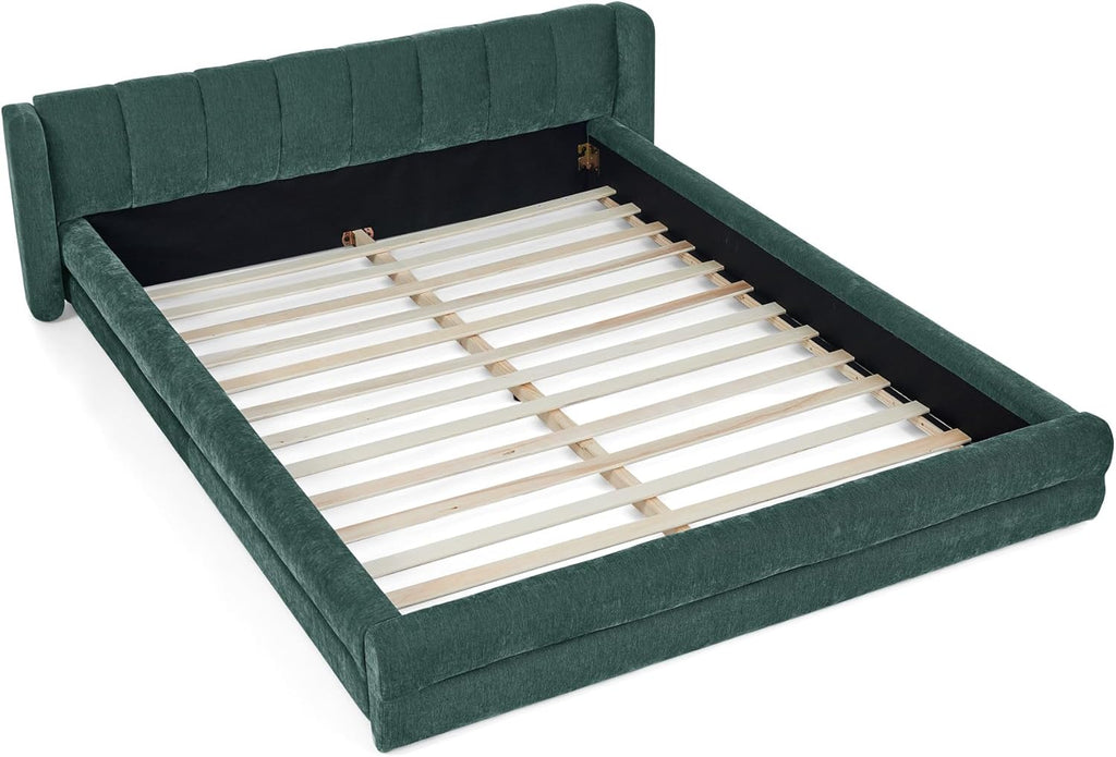 DEINPPA Queen Size Bed Frame with Cloud Soft Headboard, Chenille Upholstered Grounded Wood Base Bed Frame, No Box Spring Needed-Blue+Green