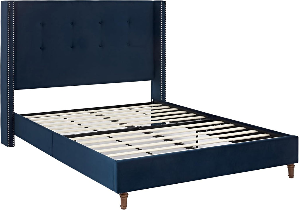 Queen Size Bed Frame,54'High Headboard Button Tufted Nailhead Trimmed Backrest Headboard,Velvet Metal Upholstered Platform Bed Frame,Wooden Slats Provide Strong Support,No Springs Required,Blue