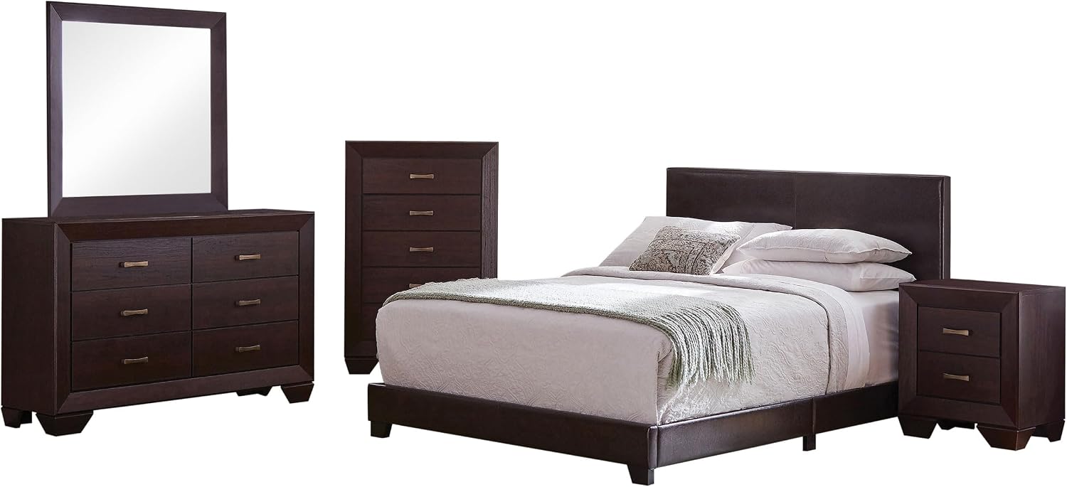 Coaster Home Furnishings Dorian Transitional 5-Piece Bedroom Set Leatherette Upholstered Eastern King Size Panel Bed Frame 46-inch Headboard Dark Cocoa 300762KE-S5