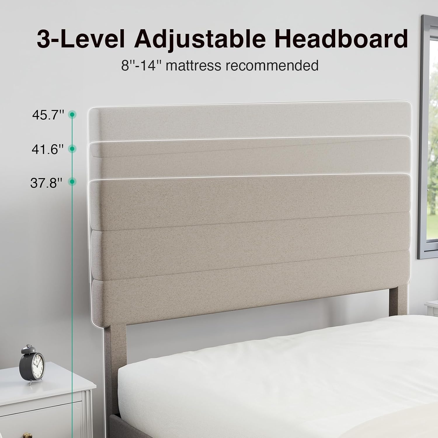 Novilla Full Size Bed Frame with Headboard, Full Bed Frame with Wooden Slats Support, Linen Upholstered Stripe Headboard, No Box Spring Needed, Heavy Duty Feet, Easy Assembly, Beige