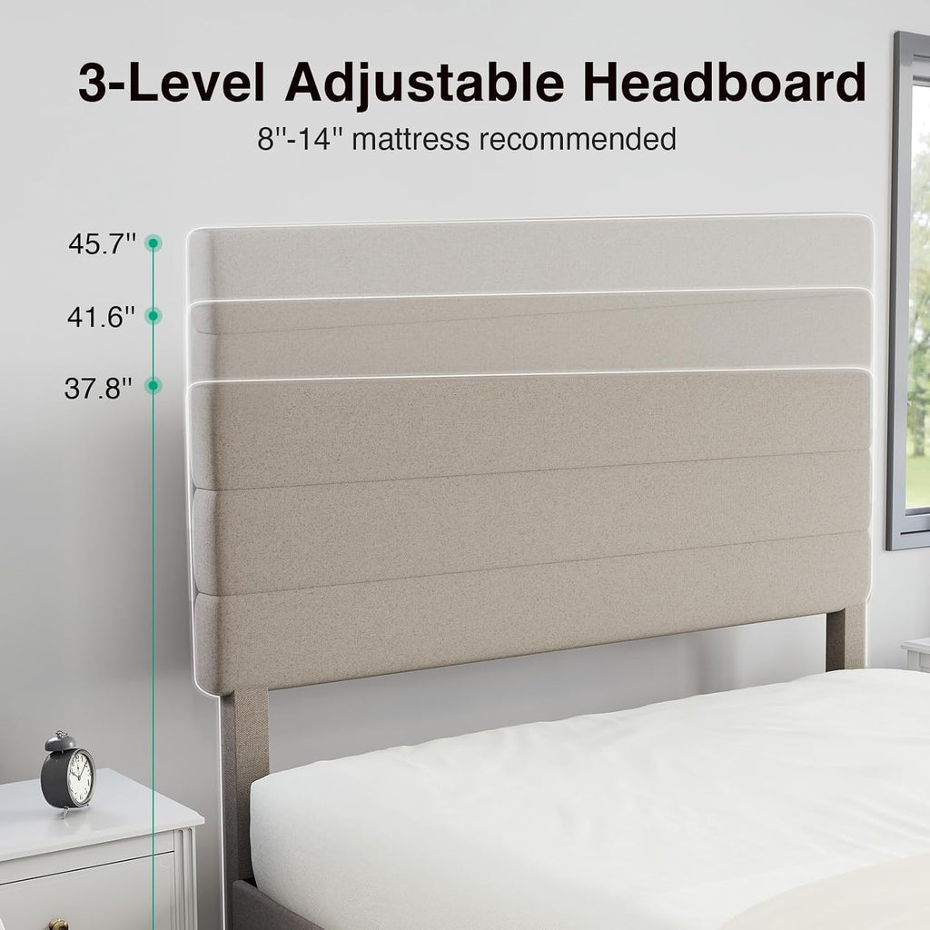 Novilla Queen Bed Frame, Queen Size Bed Frame with Wooden Slats Support, Linen Upholstered Stripe Headboard, No Box Spring Needed, Heavy Duty Feet, Easy Assembly, Beige