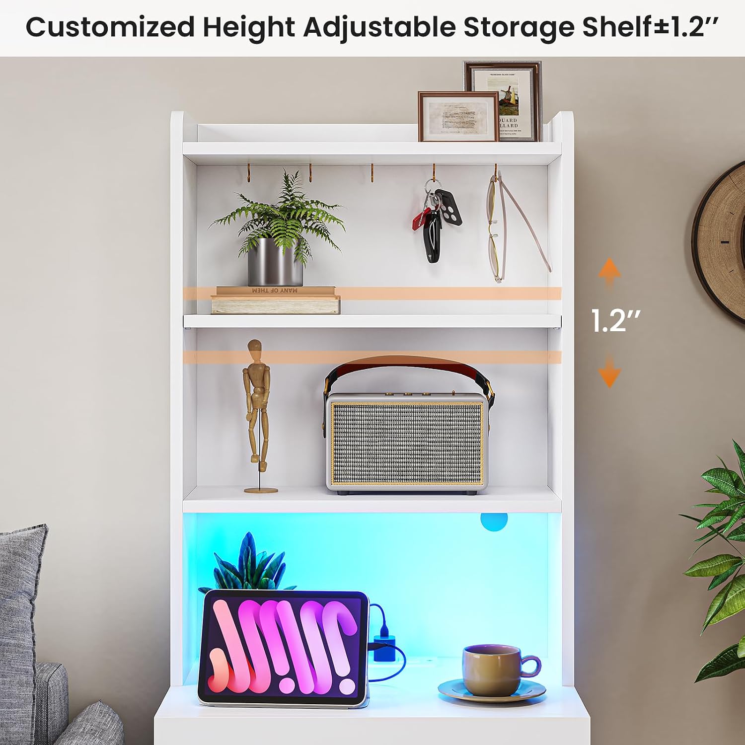 VIAGDO Tall Nightstand Set of 2 with Charging Station and LED Lights, White Night Stand Set 2 with Bookshelf, Modern LED Bedside Tables with 3 Drawers and Storage Shelves, Side Tables for Bedrooms