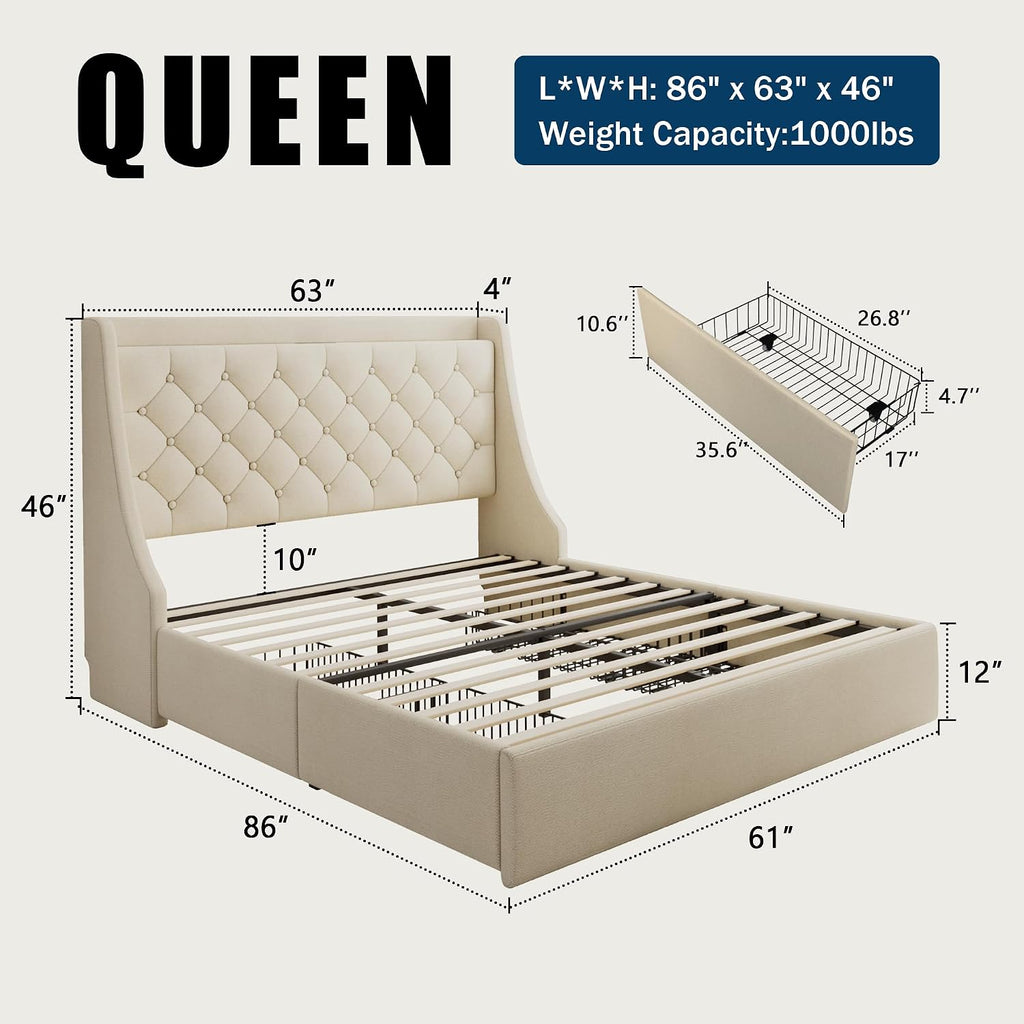 GalnFu Queen Bed Frame with 4 Storage Drawers, Huge Upholstered Wingback Headboard, Fast Charging Station, No Box Spring Needed, Noise-Free, Beige