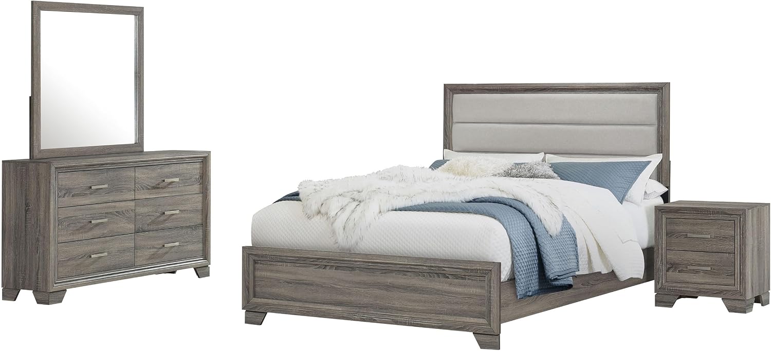 Coaster Home Furnishings Wright Transitional 4-Piece Bedroom Set Fabric Upholstered Queen Size Panel Bed Frame 52-inch Headboard Brown Oak 223341Q-S4