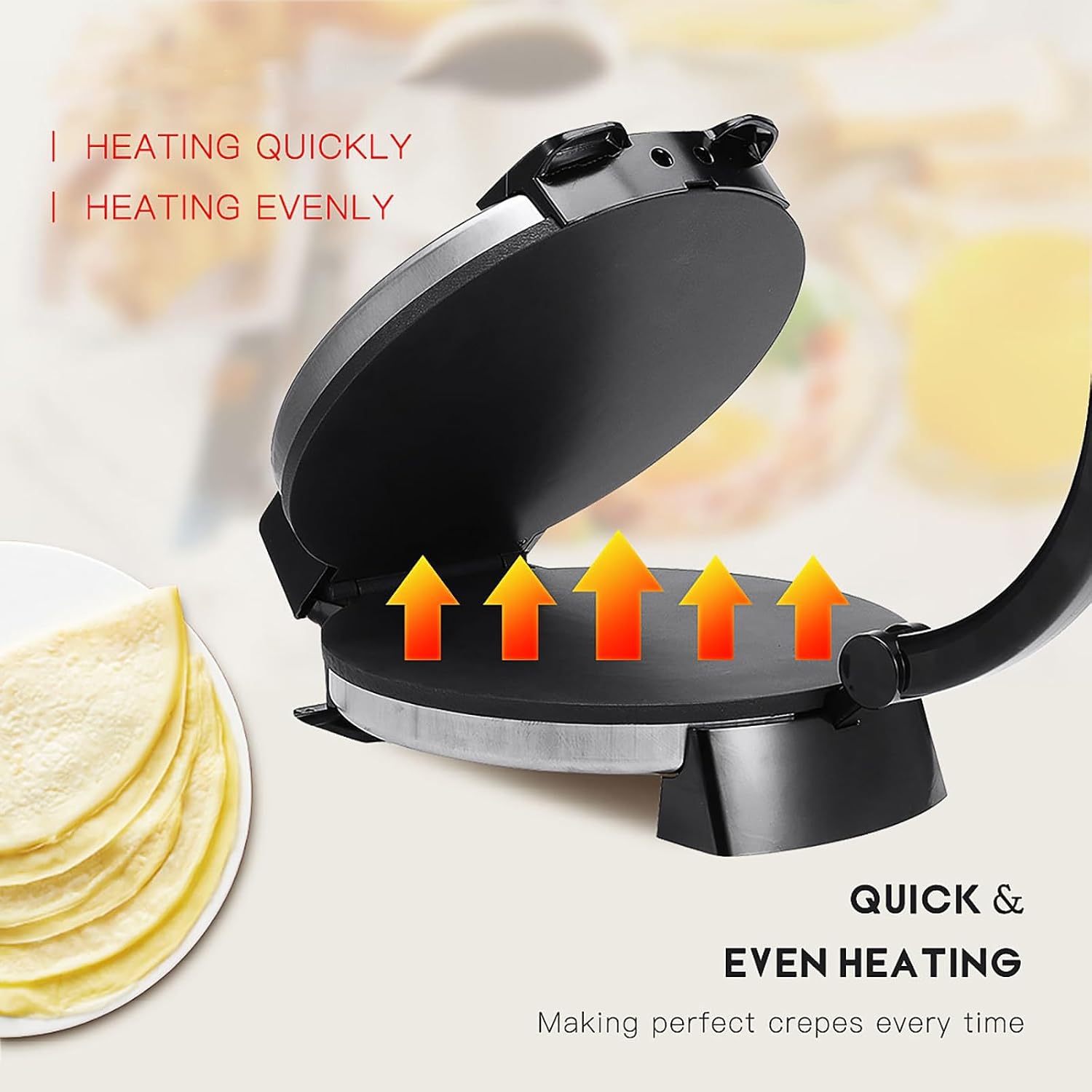 Electric Roti Maker– Non-Stick Chapati Press with Adjustable Temperature, Double-Sided Heating, Anti-Scald Handle & Indicator Lights, 10 Inch Tortilla Crepe Pancake Machine