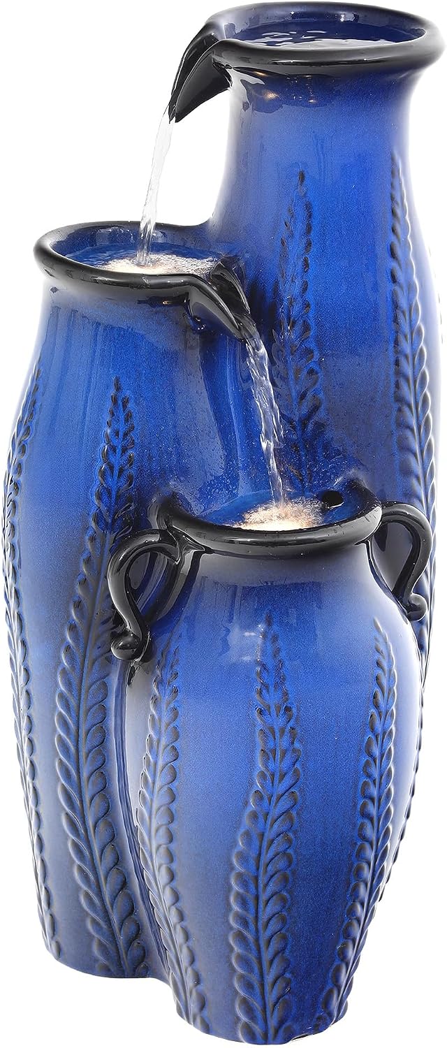 29.5' H Ceramic Outdoor Water Fountain with LED Lights, 3-Tier Vase Cascading Water Feature, Cobalt Blue with Embossed Leaf Patterns, Tranquil Waterfall for Garden, Patio, Yard, or Porch