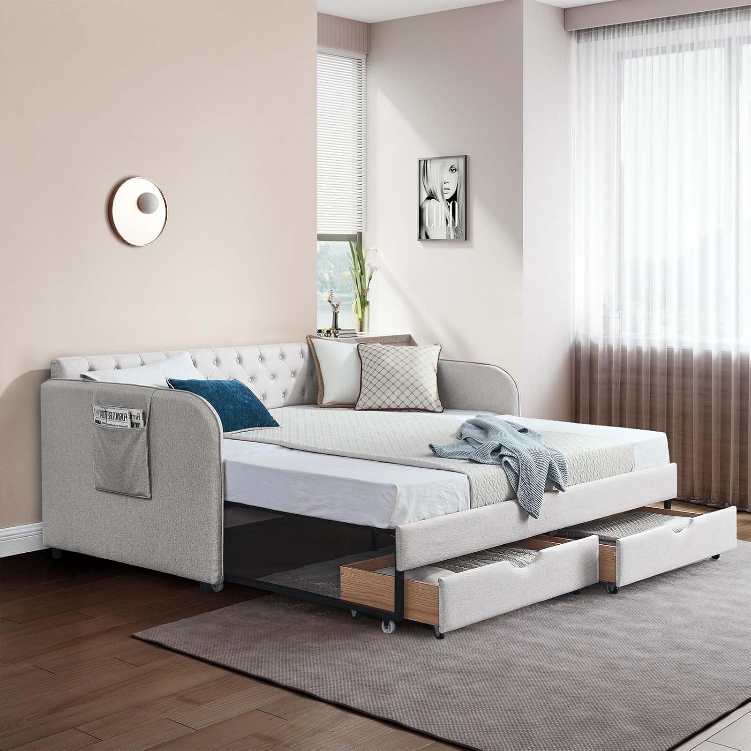 Antetek 80.5' Daybed with Drawer, Modern Button Tufted Linen Day Bed with Trundle Bed Twin to King, Upholstered Daybed Frame w/Storage Pocket for Bedroom, Living Room, No Box Spring Needed, Beige