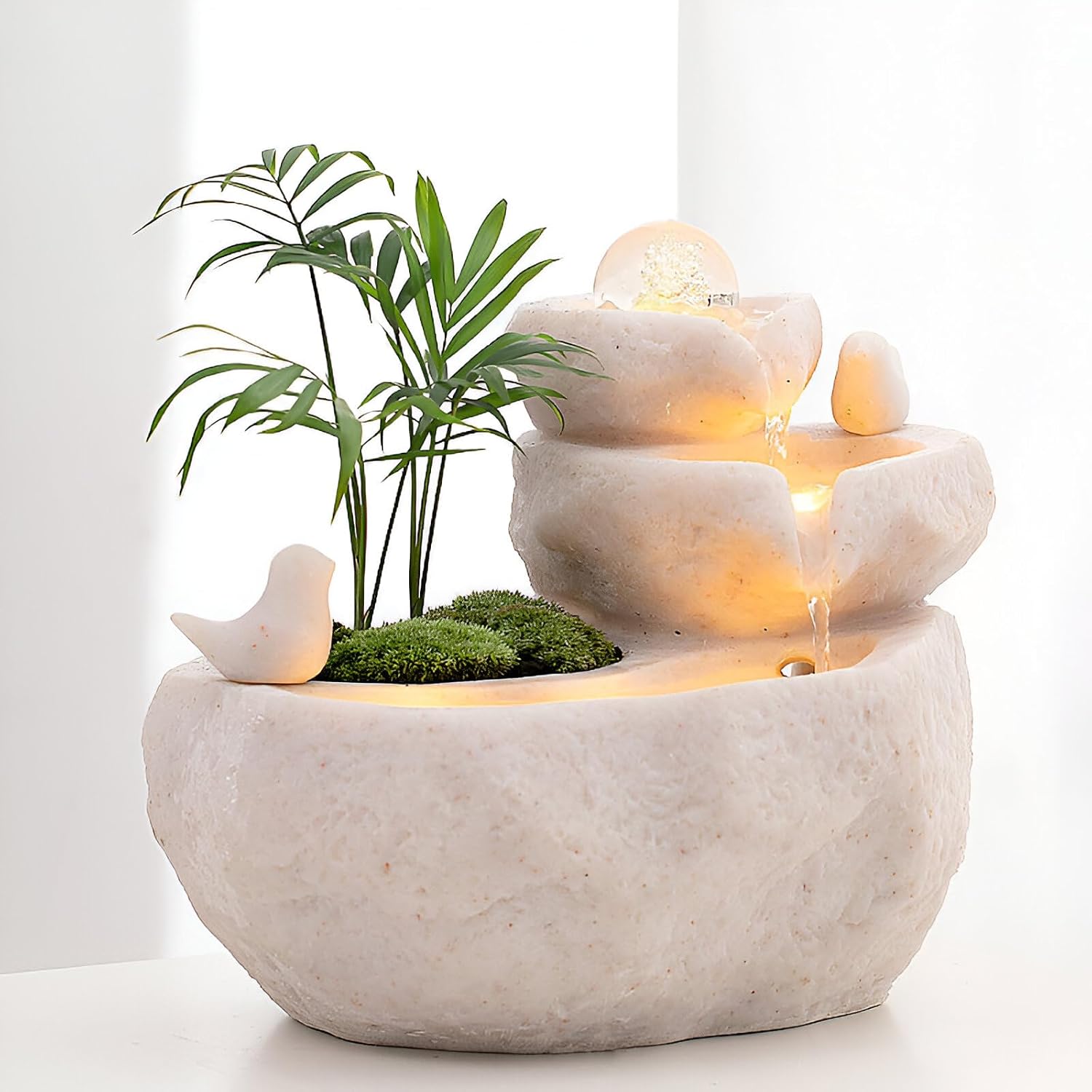 11.42' Indoor Tabletop Fountain with 3-Tier Flow, RGB LED Lights, Decorative Bubble Ball, Mist Maker & 10 Natural Crystals – Zen Resin Waterfall for Home Office Decor & Meditation (White)