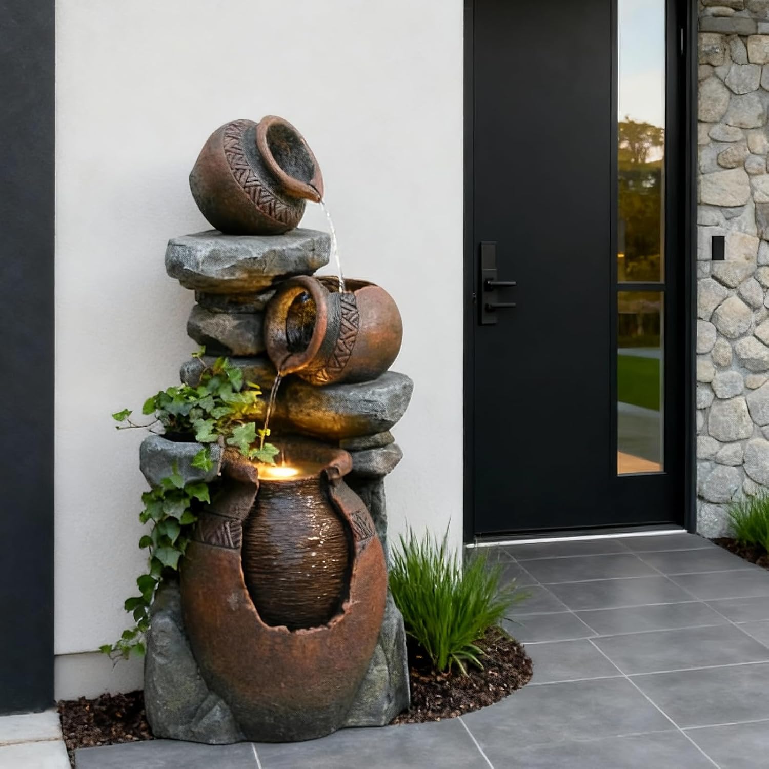 Bumilgar Outdoor Garden Water Fountain for Garden, Patio, Backyard, Deck, Porch and Home Art Decor, 3 Tiers Modern Cascading Outdoor Fountain with Lights 38.4' H