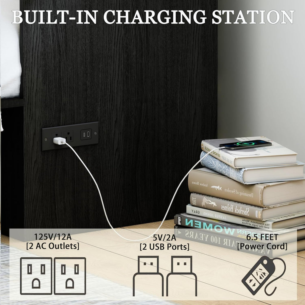 Queen Size Murphy Bed with Charging Station and Large Drawer, Farmhouse Cabinet Bed with Storage, Multifunctional Wood Hidden Folding Bed Frame for Bedroom, Black
