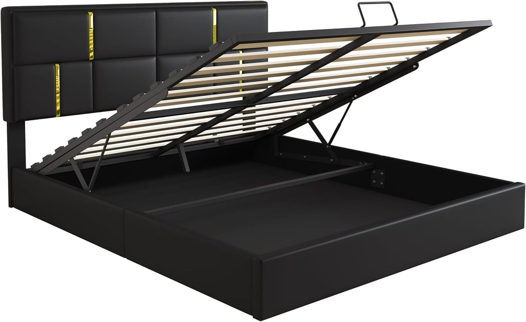 JIVOIT Elegant Design 2-Pieces Bedroom Sets, Queen Size Upholstered Platform Bed with Hydraulic Storage System, Upholstered Storage Ottoman with Metal Legs, Space Saving Design (Black,Sets,5)