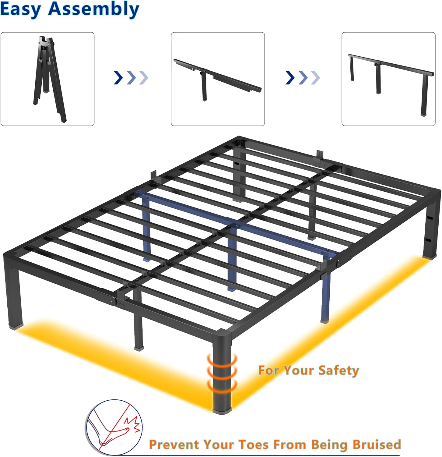 yookare Calking Platform Bed Frame,14' Heavy Duty Metal Mattress Foundation, Rounded Safety Corners & Recessed Legs,Mattress Retainers,Easy Assembly,Noise Free Steel Slat Support,No Box Spring Needed