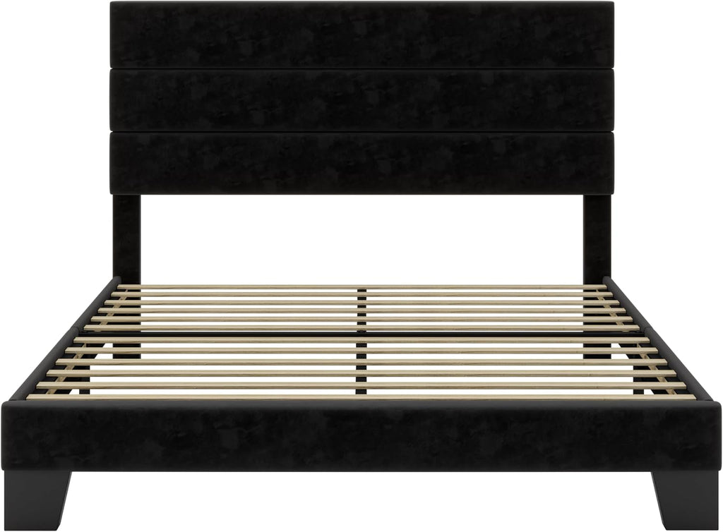 SHA CERLIN Queen Platform Bed Frame with Velvet Upholstered Headboard, Mattress Foundation with Strong Wooden Slats Support, No Box Spring Needed, Black