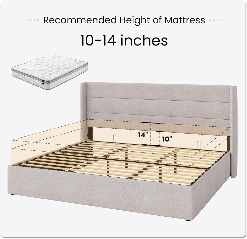 SHA CERLIN King Size Lift Up Storage Bed/Modern Wingback Headboard/Upholstered Platform Bed Frame/Hydraulic Storage/No Box Spring Needed/Wood Slats Support/Light Beige