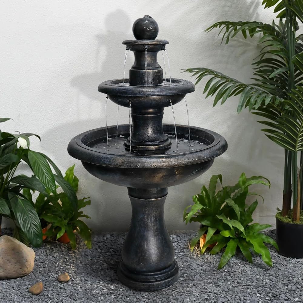 45.2' H Outdoor Floor Water Fountain, 3-Tiers Concrete Water Fountain with Submersible Electric Pump - Garden Cascading Waterfall for Yard Patio Lawn Home Decor