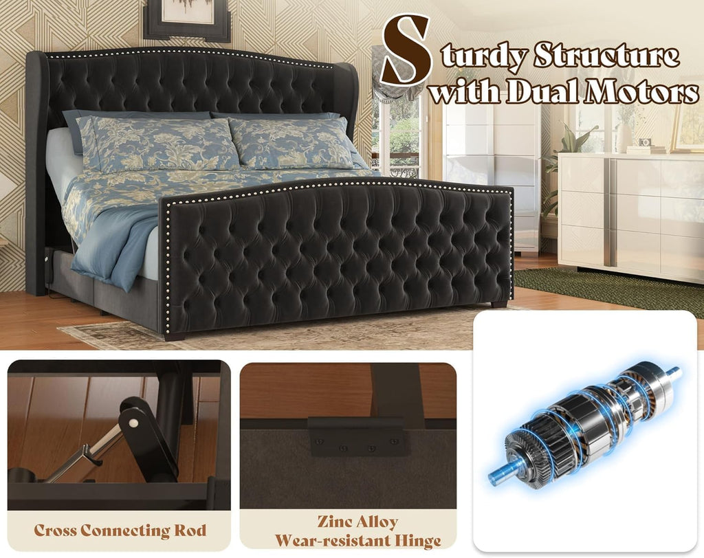AMERLIFE 51' H Queen Size Adjustable Bed Frame with Velvet Upholstered and Deep Button Tufted Headboard, Electric Bed with Dual Motor/Nailhead Trim Wingback, No Box Spring Needed, Black