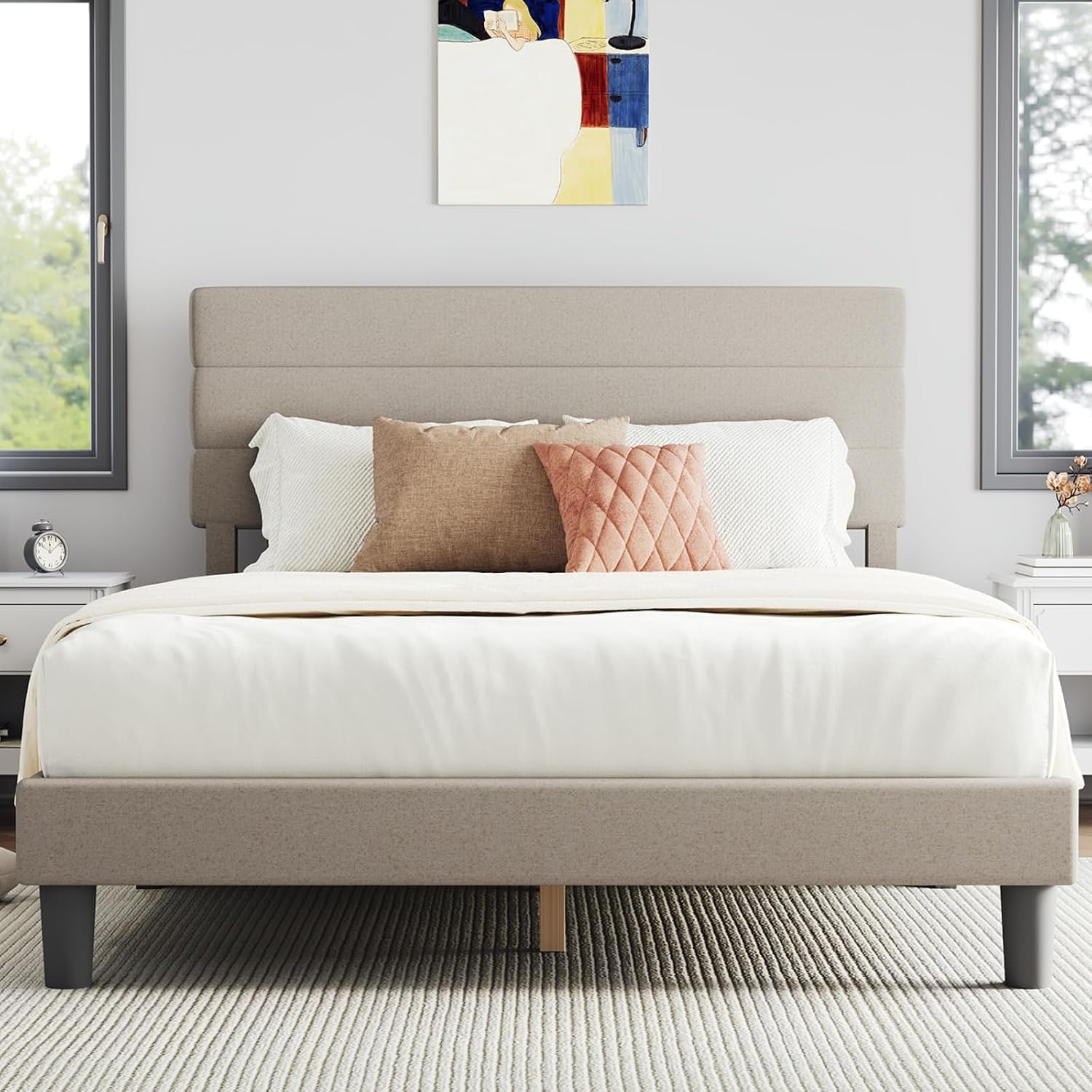 Novilla Full Size Bed Frame with Headboard, Full Bed Frame with Wooden Slats Support, Linen Upholstered Stripe Headboard, No Box Spring Needed, Heavy Duty Feet, Easy Assembly, Beige