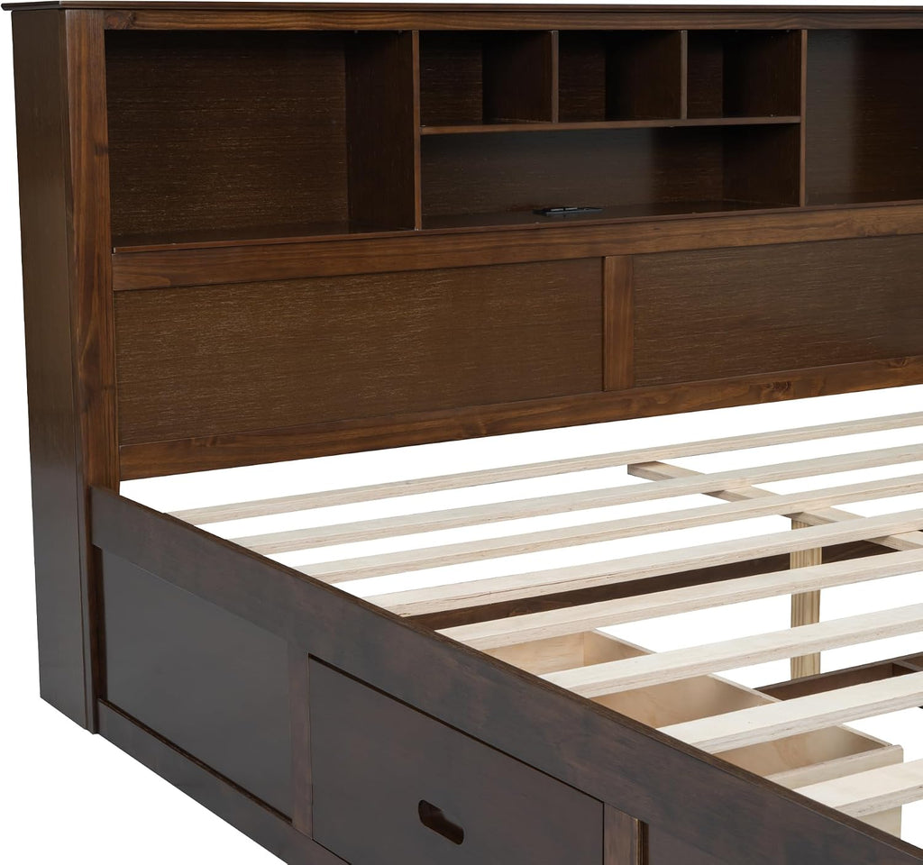 VilroCaz Wood King Size Platform Bed with Storage Headboard and USB Port, Modern Platform Bed Captain's Bed Frame with 2 Drawers, Sturdy Slats Support, Maximize Space (Antique Wood-M4)