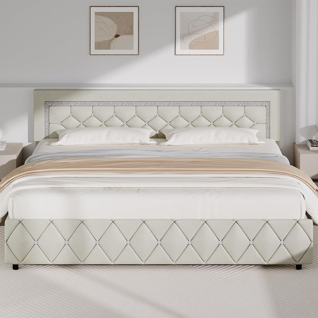 BarnFurin King Bed Frame with Diamond Tufted Headboard, Faux Leather Upholstered Bed with Wooden Slats Support, No Box Spring Needed, Mattress Foundation, Easy Assembly, Cream