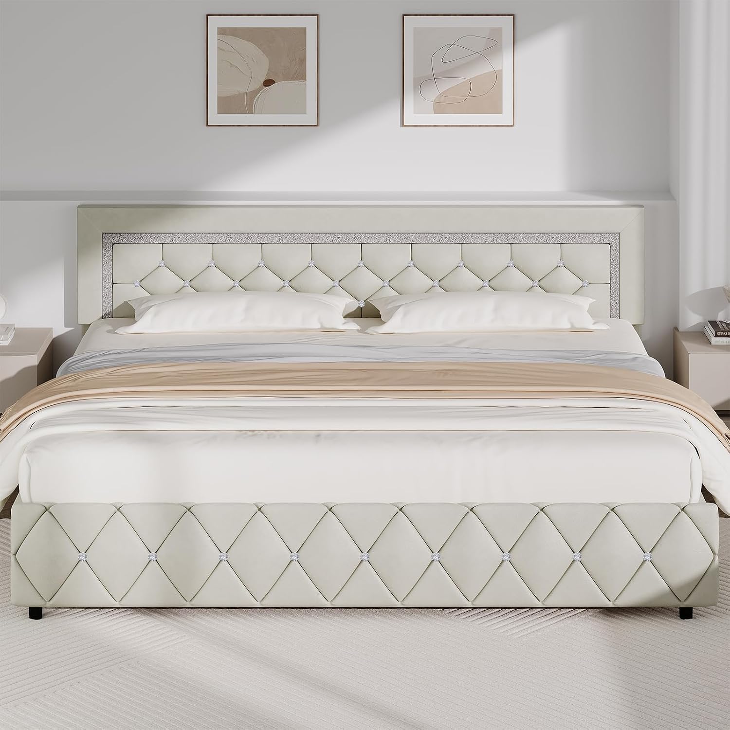 BarnFurin King Bed Frame with Diamond Tufted Headboard, Faux Leather Upholstered Bed with Wooden Slats Support, No Box Spring Needed, Mattress Foundation, Easy Assembly, Cream