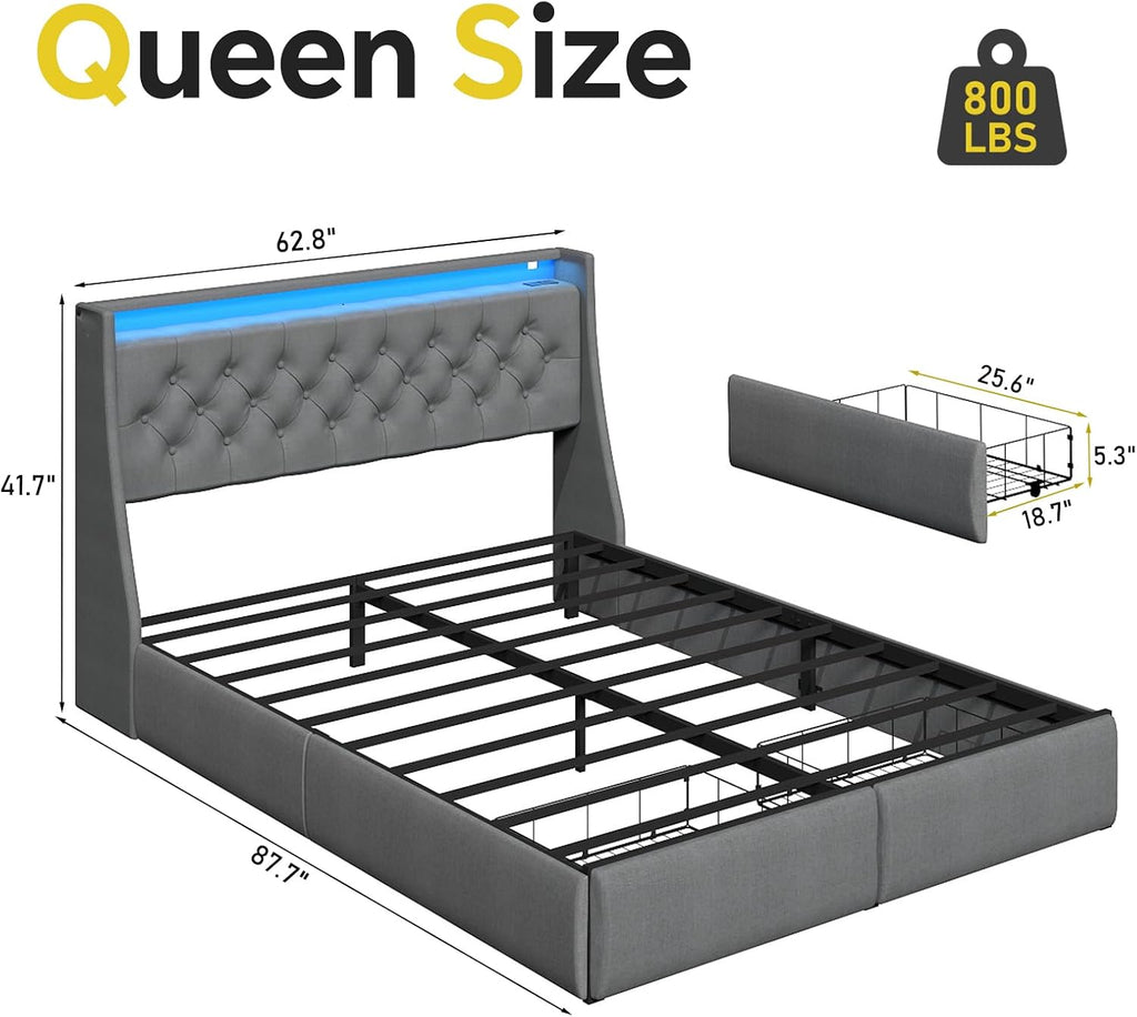 SADENICEL Queen Bed Frame with Storage Headboard and 2 Drawer, Metal Queen Size Bed Frame Platform with LED Light, Charging Station, No Box Spring Needed, Noise Free, Easy Assembly, Grey
