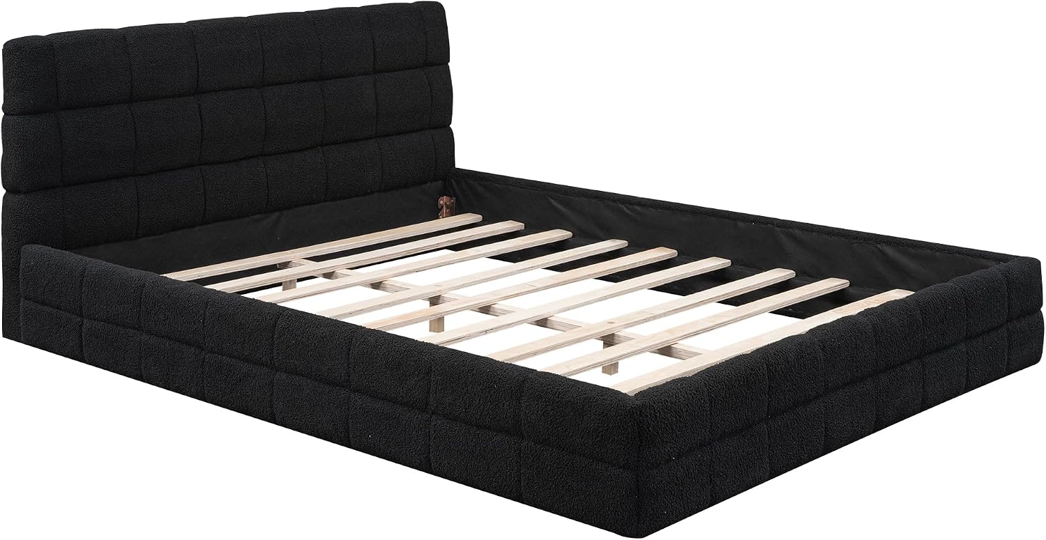 Ball & Cast Queen Size Low Bed Frame with Soft Fleece Headboard, Grounded Floor Platform Bed with Wood Slats Support for Kids Teens Adults, No Box Spring Needed,Easy Assembly,Black