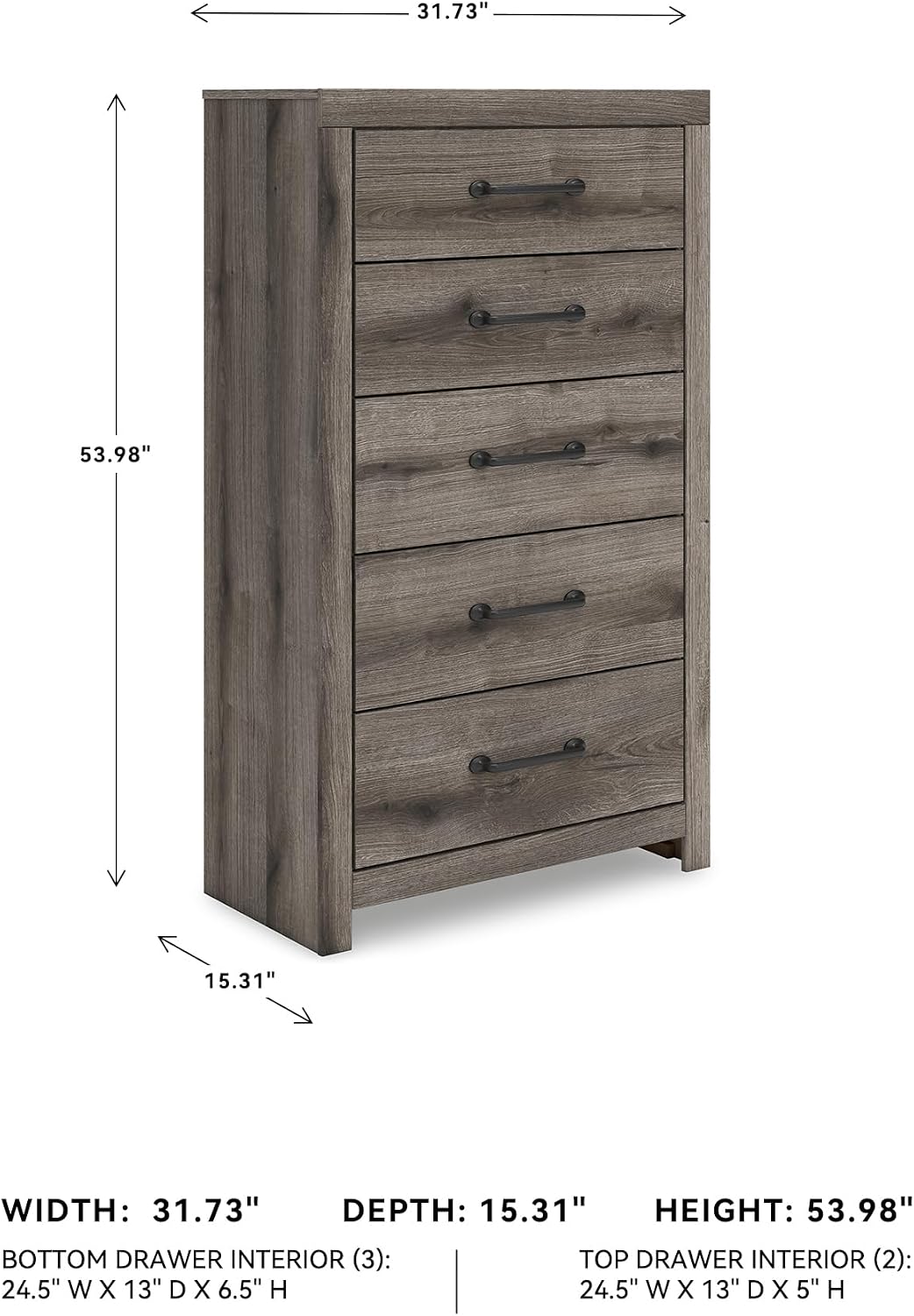 Signature Design by Ashley Urbanoore Rustic 5-Drawer Chest of Drawers with Safety Stop, Gray