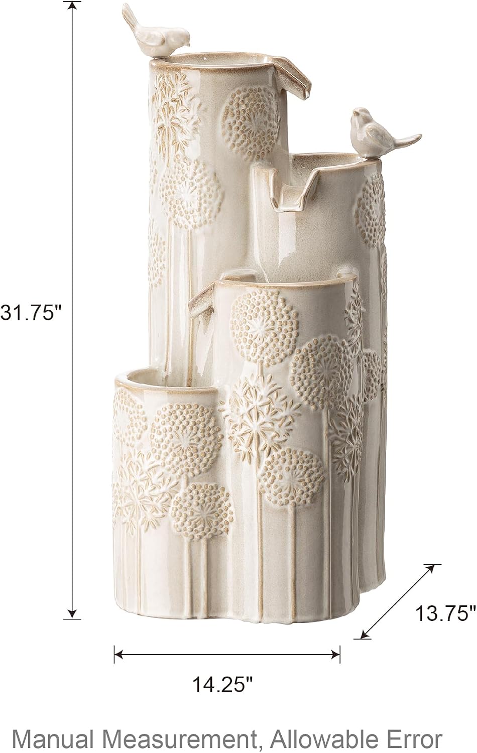 Glitzhome Water Fountain Outdoor with LED Lights, 4-Tier Vase Shaped Ceramic Outdoor Fountain, Dandelion Glaze Water Fountains Feature for Garden Backyard Patio, Sand Beige, 31.7'H
