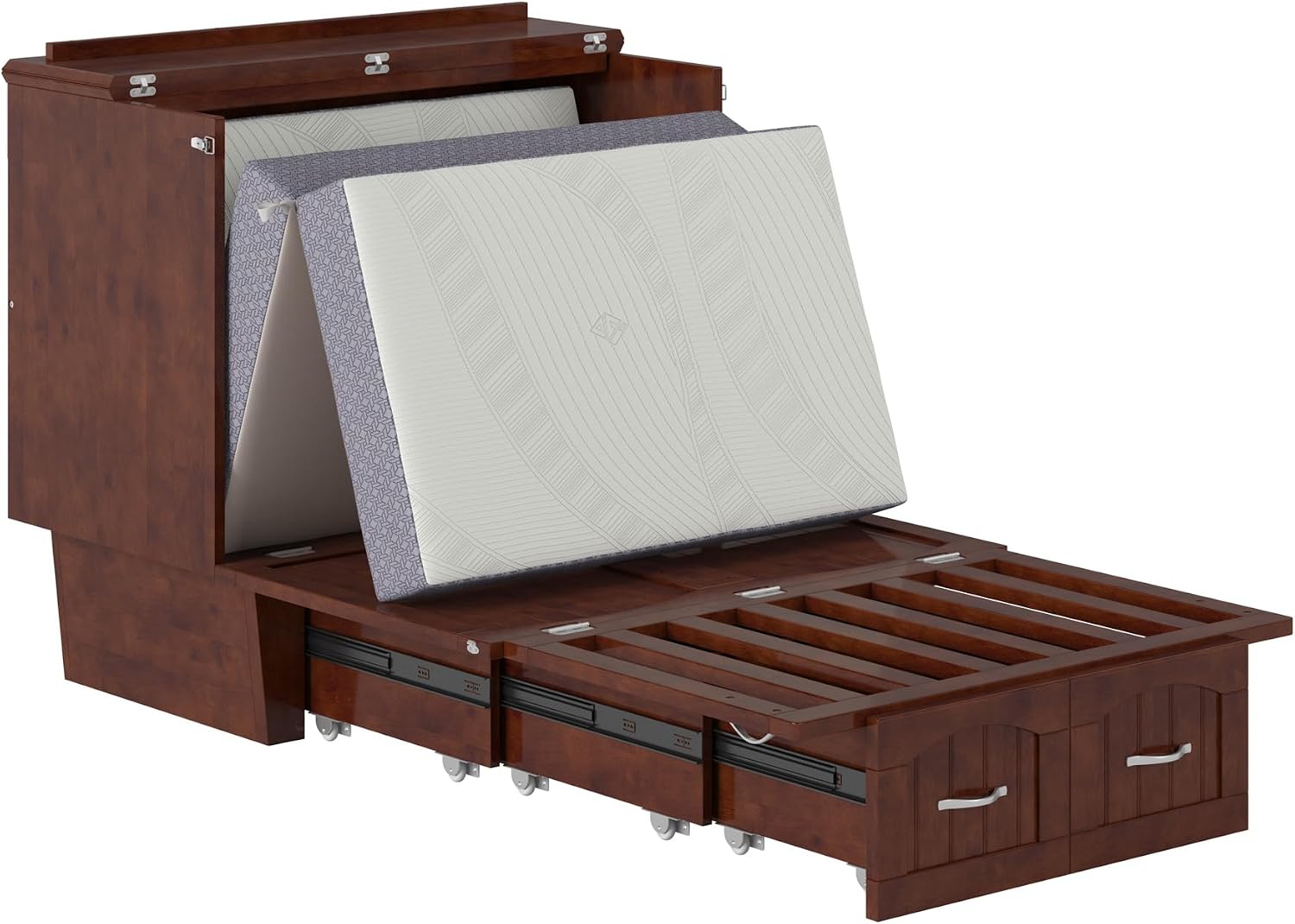 AFI, Nantucket Twin Murphy Bed Chest with Mattress, Storage Drawer, and Built-in USB Charger, Walnut