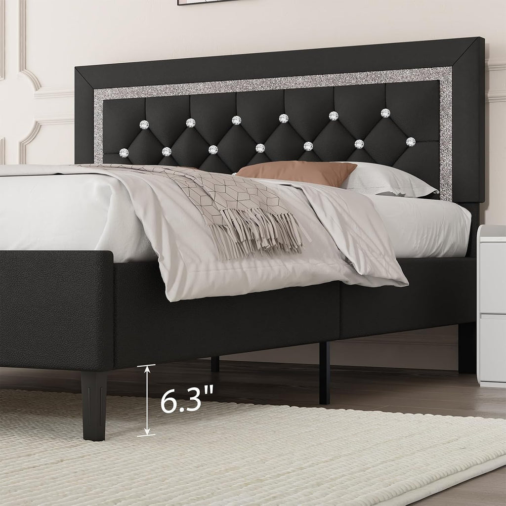 BarnFurin Full Size Bed Frame with Tufted Button Headboard, Upholstered Platform Bed Frame with Diamond Design, Wood Slat Support, No Box Spring Needed, Easy Assembly, Black