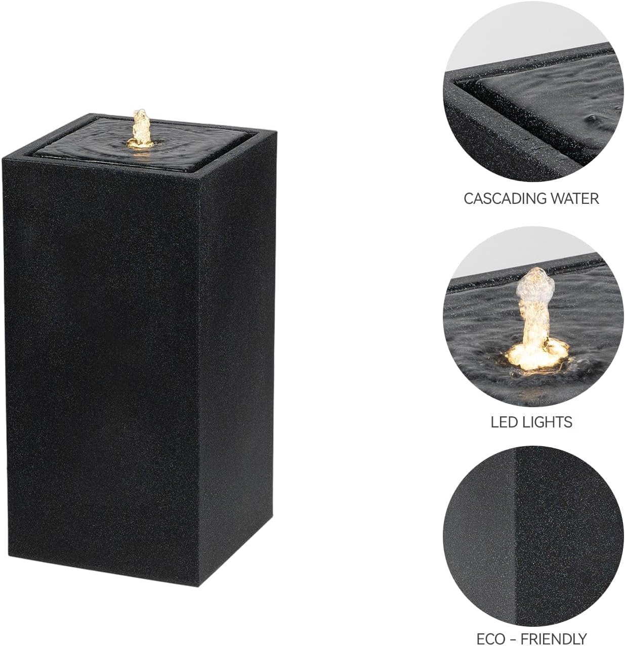 25.98' H Outdoor Water Fountain Made with Eco-Friendly Recyclable Materials, Polyethylene Square Bubbler Outdoor Fountain, Garden Decor with LED Light for Patio, Porch, Backyard (25.98')