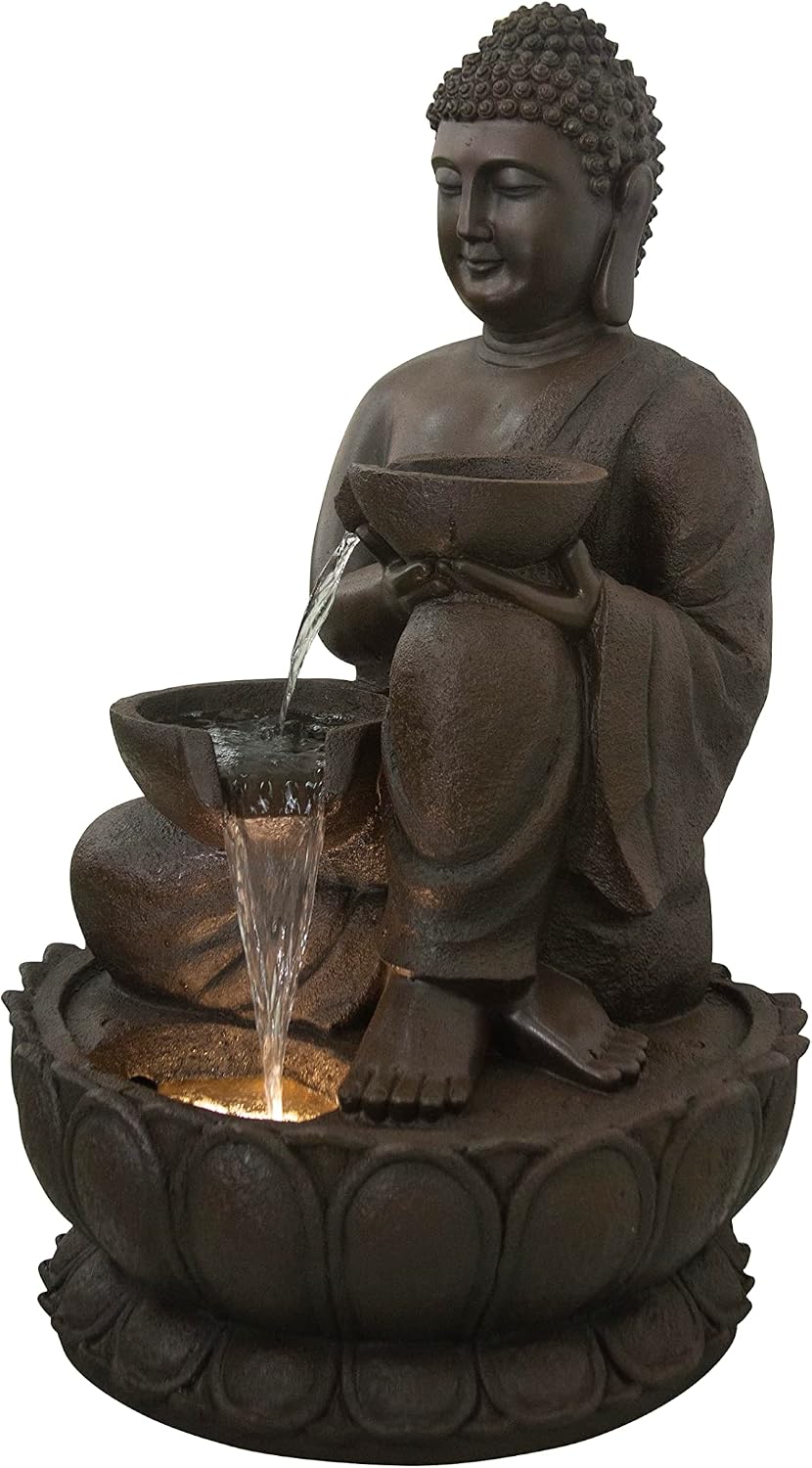 Hi-Line Gift-Large Buddha Fountain W/LED Light in/Outdoor Fountain Resin Garden Decor