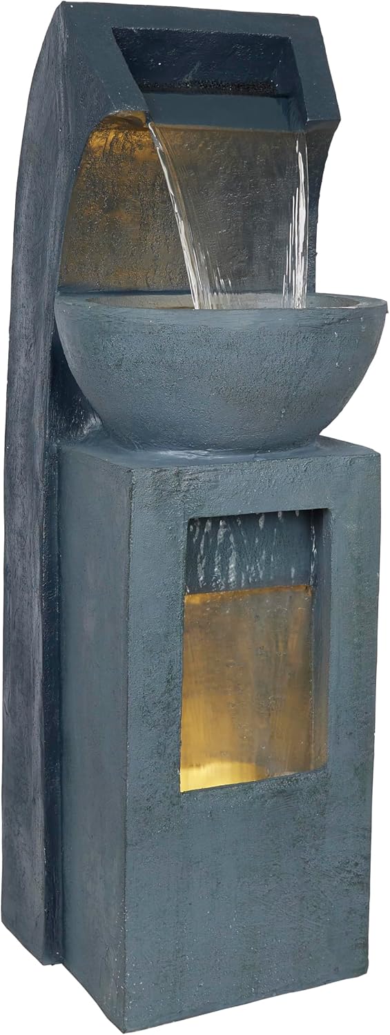 Alpine Corporation 41' Tall Outdoor Basin Waterfall Floor Fountain with LED Lights for Garden, Patio, Lawn and Backyard Decor, Gray
