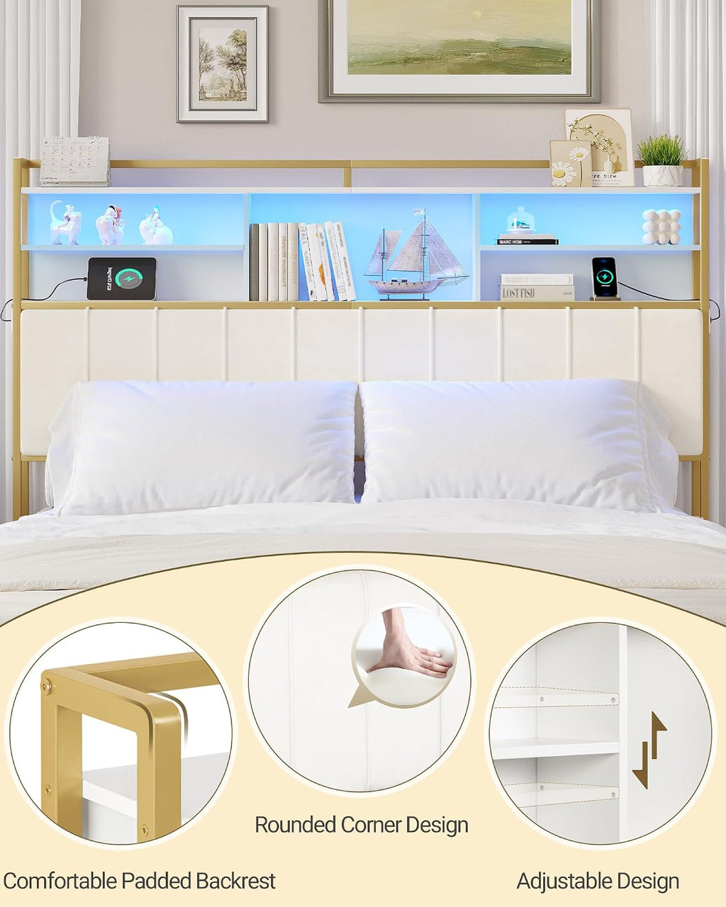 Hzuaneri Headboard with 3-Tier Storage Shelves, Velvet Upholstered Head Board with 2 Outlets, USB Ports & LED Light, Soft Backrest for King Size Bed, White and Gold BH19403A