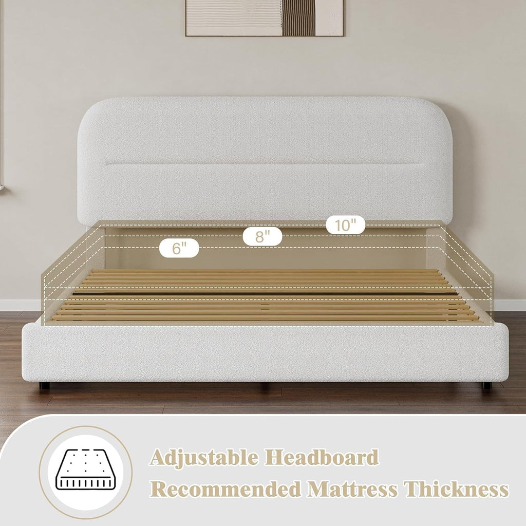HOMBCK Full Size Bed Frame, Boucle Upholstered Bed Frame Full with Headboard and Thickened Footboard, Rounded Corners, No Box Spring Needed, Easy Assembly, White