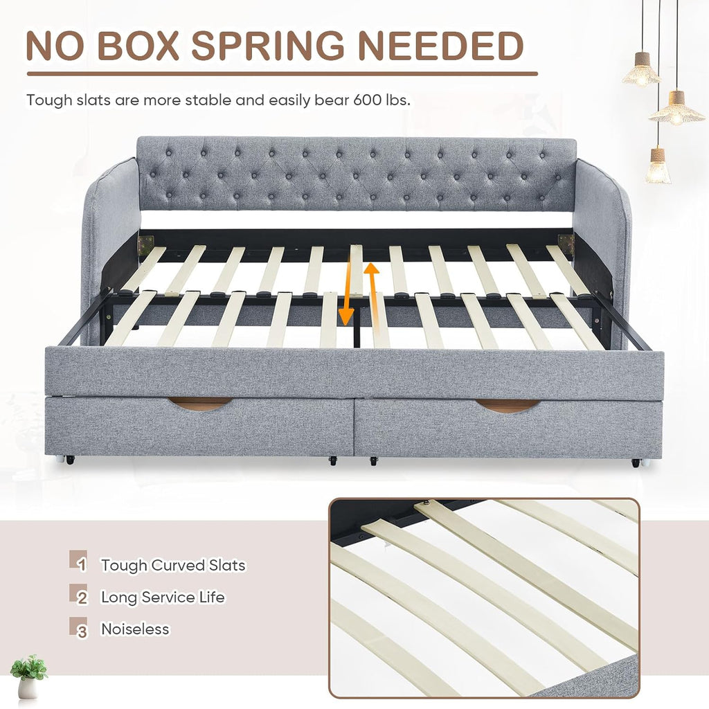 Antetek 80.5' Daybed with Drawer, Modern Button Tufted Linen Day Bed with Trundle Bed Twin to King, Upholstered Daybed Frame w/Storage Pocket for Bedroom, Living Room, No Box Spring Needed, Grey