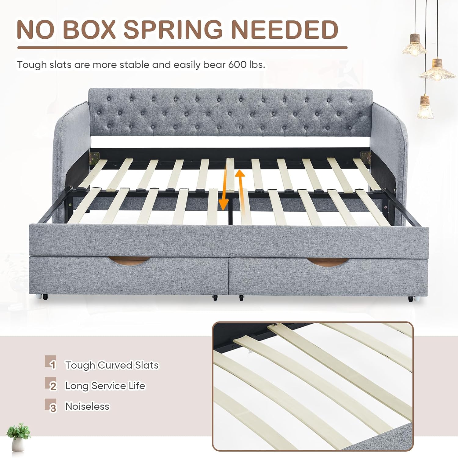 Antetek 80.5' Daybed with Drawer, Modern Button Tufted Linen Day Bed with Trundle Bed Twin to King, Upholstered Daybed Frame w/Storage Pocket for Bedroom, Living Room, No Box Spring Needed, Grey
