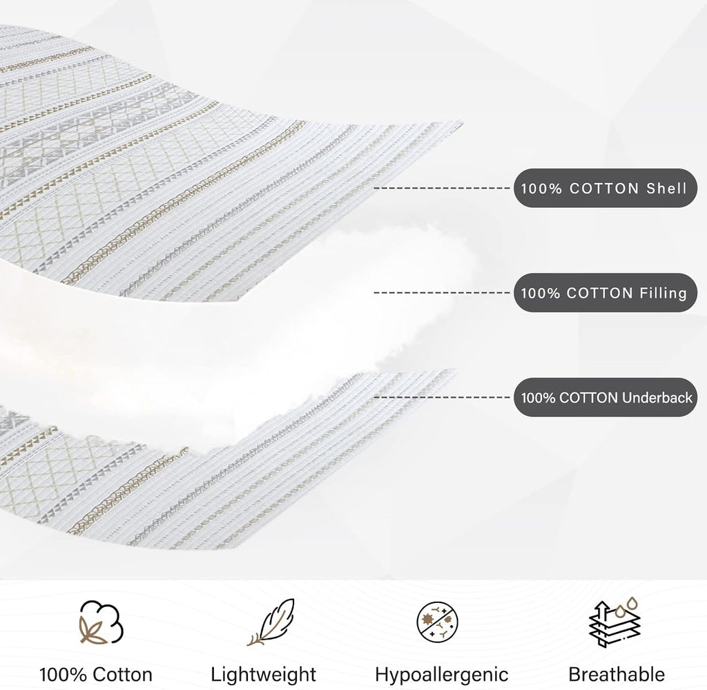 PERHOM Cotton Quilt King Size - 3 Pieces 100% Cotton Boho Striped Lightweight Soft Beige Gray White King Quilt Set with 2 Shams, Bohemian Pattern King Bedspread/Coverlet/Bedding Set for All Seasons