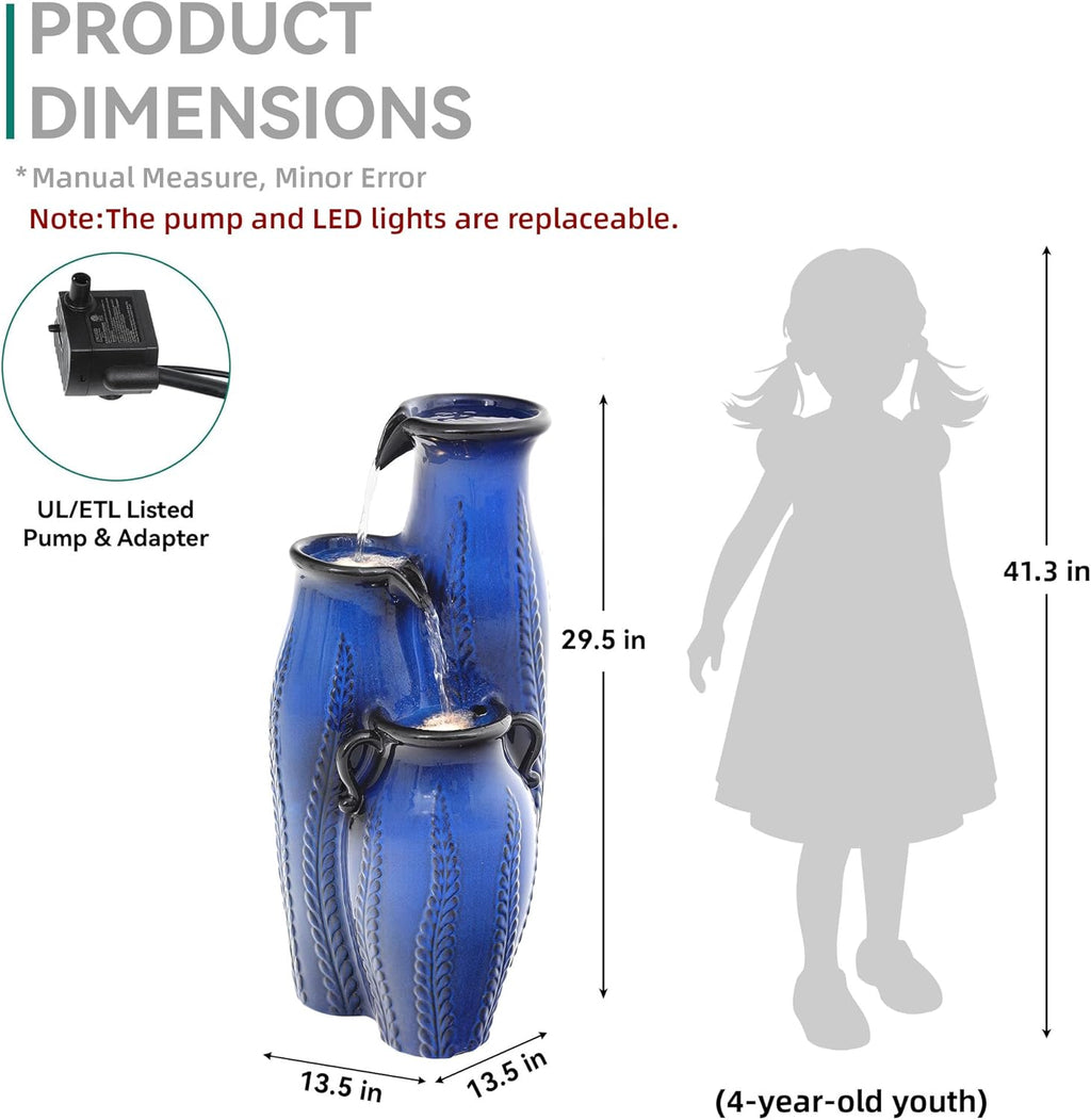 29.5' H Ceramic Outdoor Water Fountain with LED Lights, 3-Tier Vase Cascading Water Feature, Cobalt Blue with Embossed Leaf Patterns, Tranquil Waterfall for Garden, Patio, Yard, or Porch
