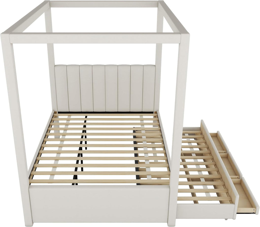 Modern Full Size Upholstery Canopy Platform Bed with Trundle and 3 Storage Drawers, Full Size Linen Storage Platform Bed with Backrest and Wood Slat Support for Kids and Teens (Beige, Full)