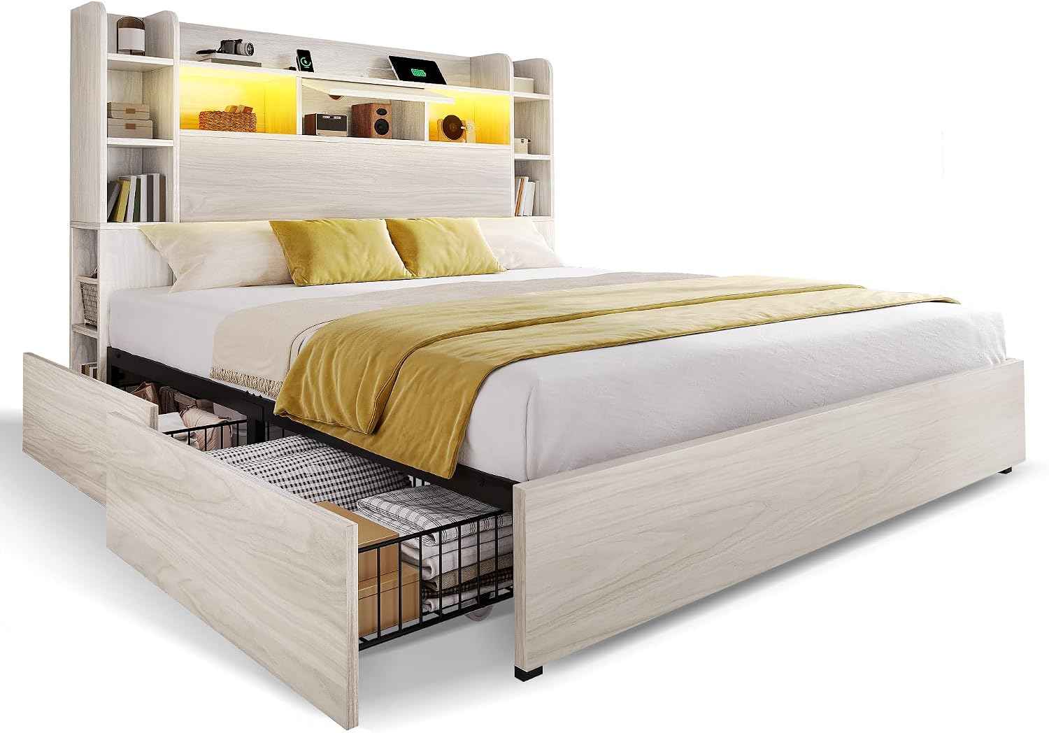 DWVO Queen Size Bed Frame with Bookcase Headboard and 4 Storage Drawers, RGB LED Bed Frame with Type-C & USB Charging Station Storage Headboard Bed, No Box Spring Needed, Noise Free, Antique White
