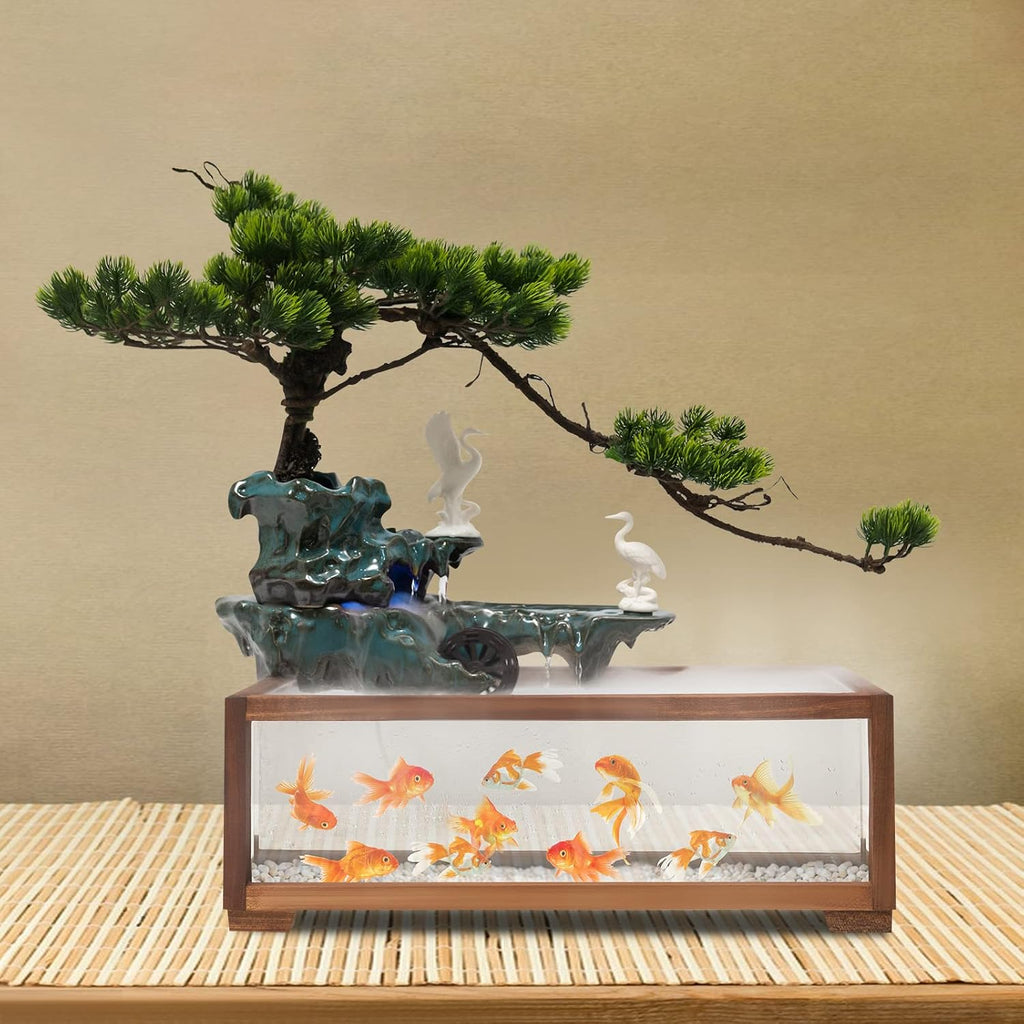 Tabletop Fountain with LED Light,Fish Tank,Artificial Landscape Tabletop Fountain with Pump|Atomizer,for Indoor Outdoor Decoration,Stress Relief,Meditation,Wealth Boom (Tree|Large Fish Tank)