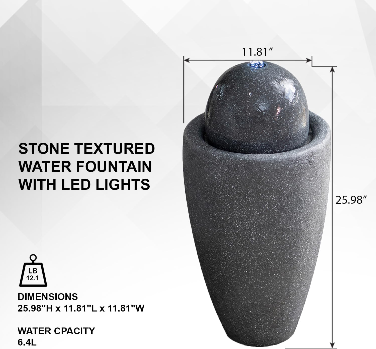 XBrand 26' Modern Sphere Water Fountain with LED Light – Indoor Outdoor Stone Texture Floor Fountain, Zen Bubbling Ball Water Feature for Garden Patio Porch - Gray