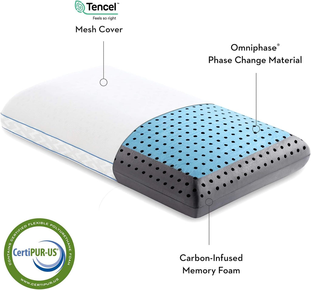 Z CARBONCOOL LT Plus OMNIPHASE Phase Change Material Memory Foam Pillow - Continual Temperature Regulation with Cool Surface - Mid-Loft - Queen