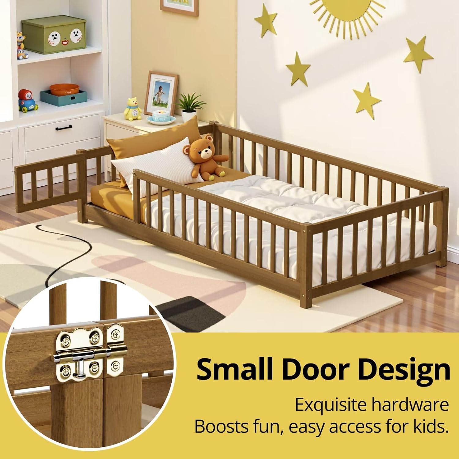 i-POOK Twin Floor Bed Frame with Wood Slats, High Fence & Small Door, Pinewood Montessori Floor Bed for Girls and Boys,Light Espresso